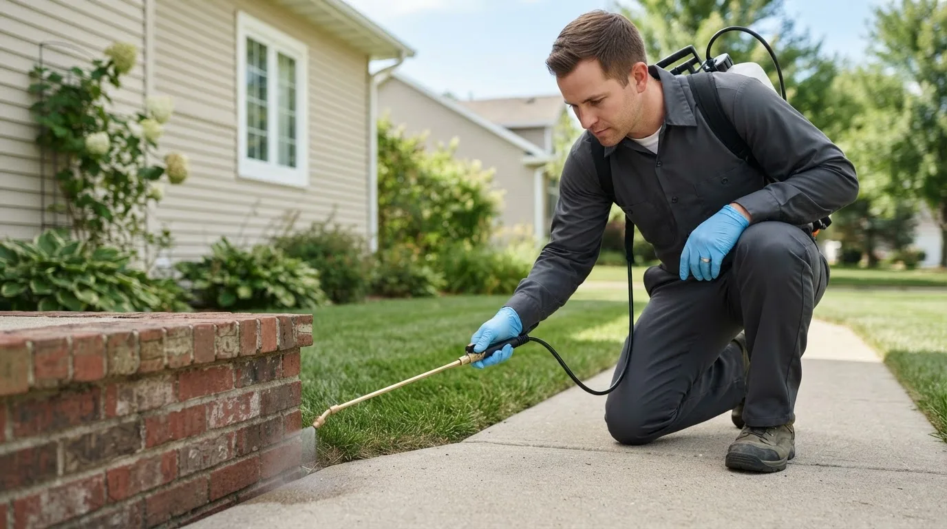 Pest control technician treating a home near Athens, OH